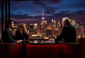 Late-night talk show set with a city skyline backdrop