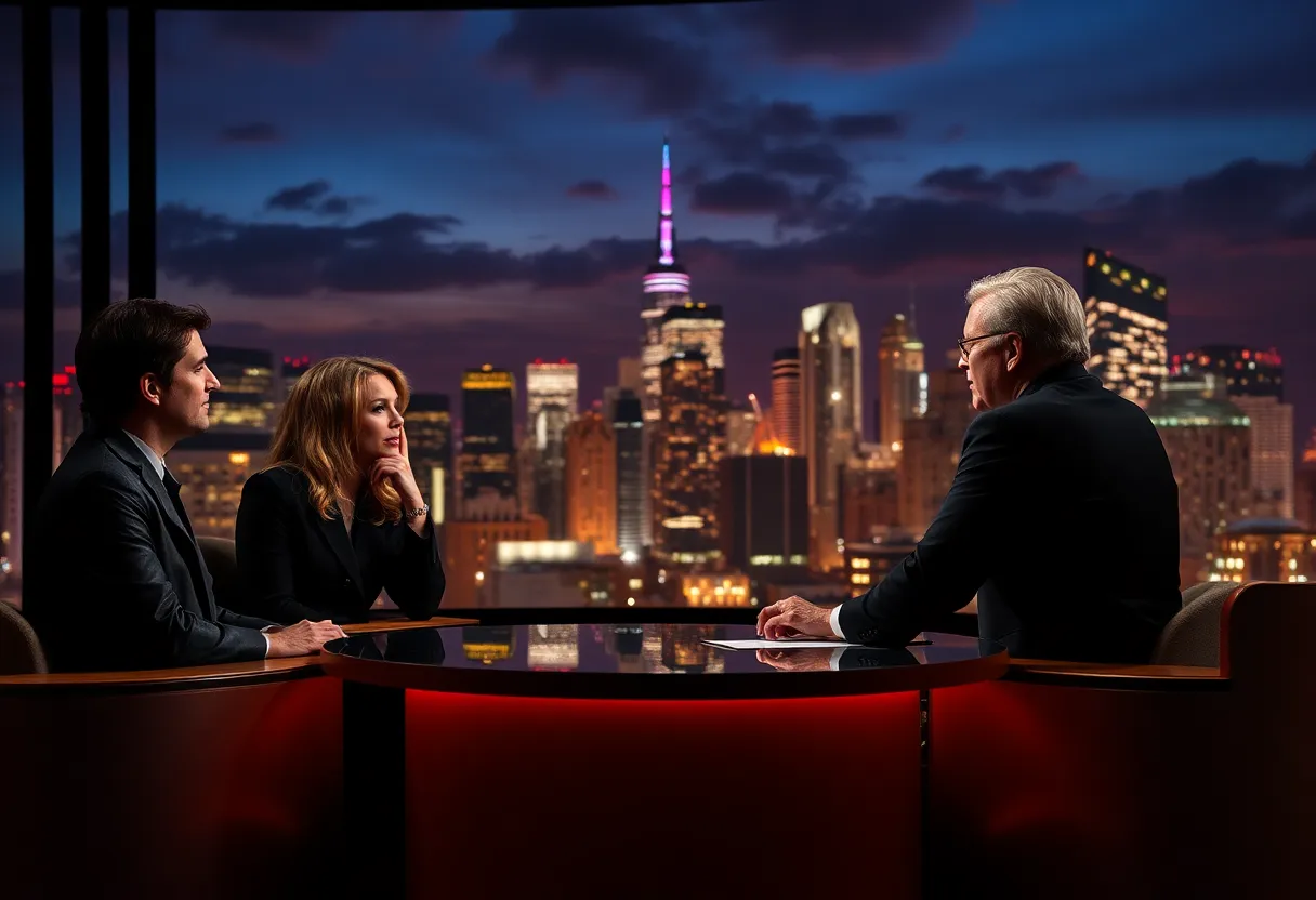 Late-night talk show set with a city skyline backdrop