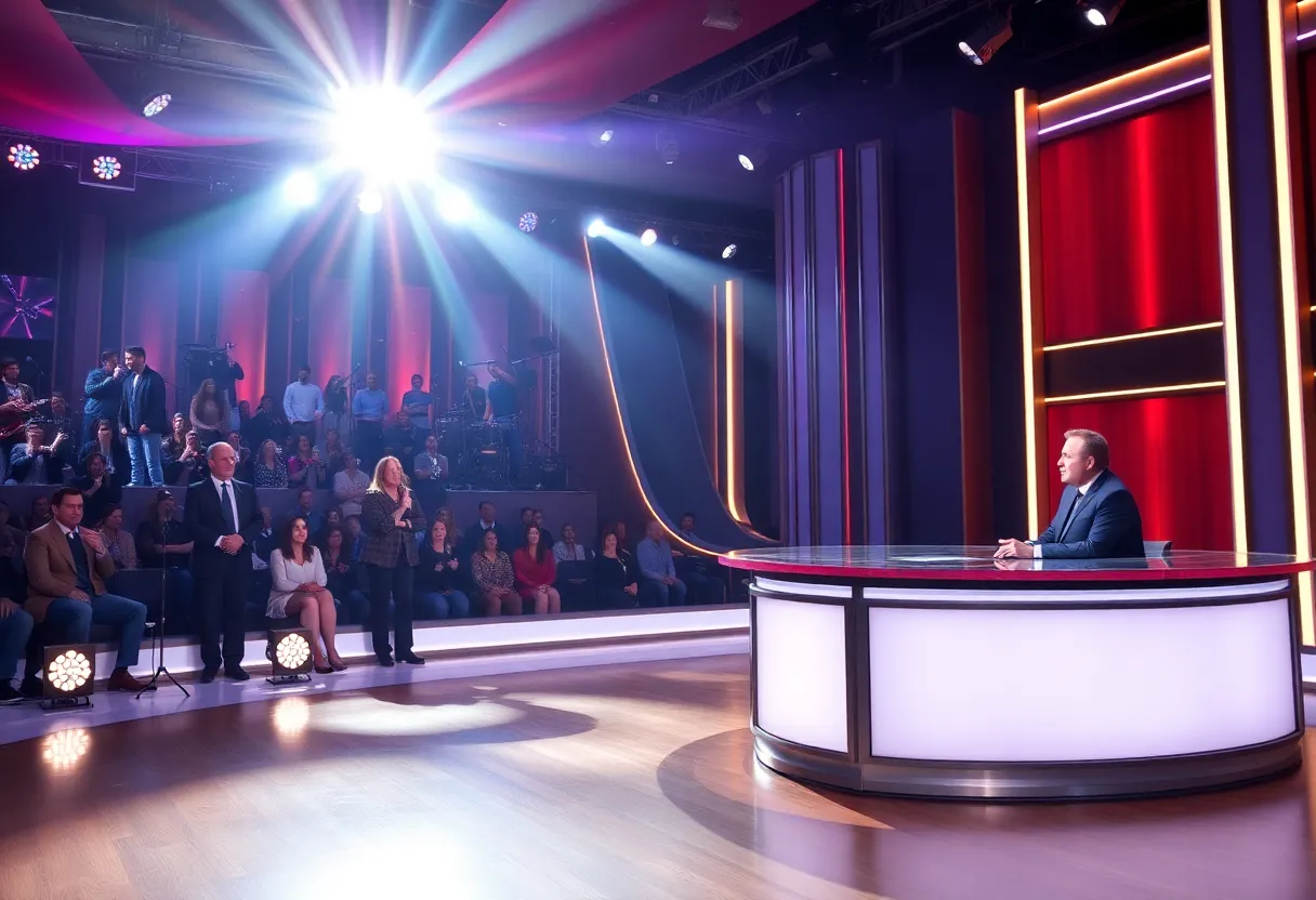 Late-night talk show set with a modern desk and stage lights.