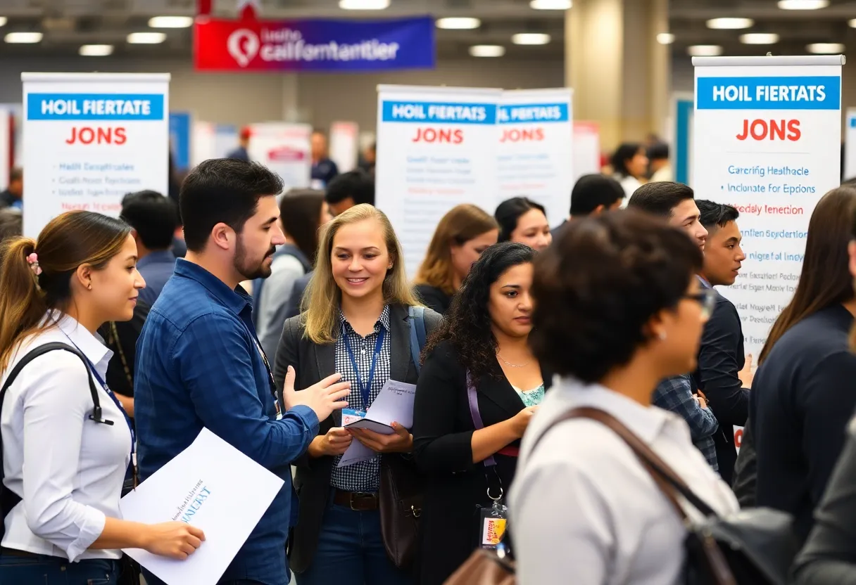 Crowds at a job fair in California displaying diverse job opportunities.