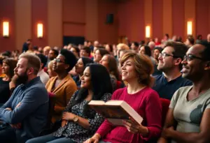 Audience attending a book tour event discussion with a speaker on stage