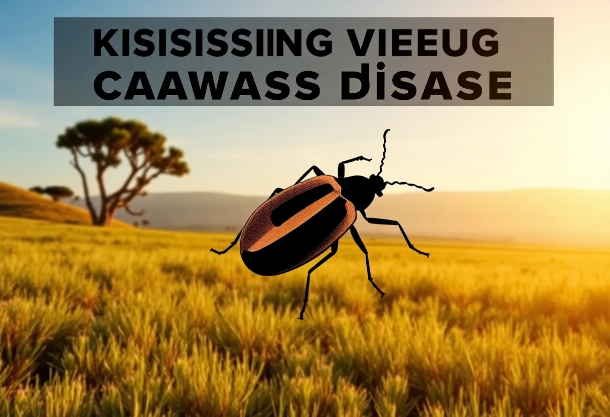 Illustration of a kissing bug in a Californian setting representing Chagas disease awareness.