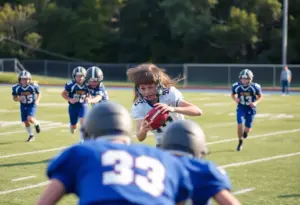 Athletes playing football during a high school match in Los Angeles