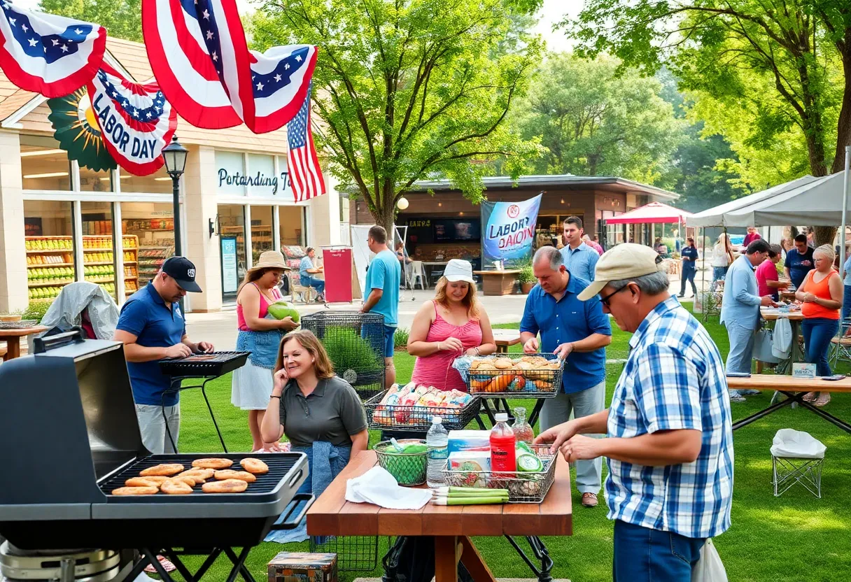 Families enjoying Labor Day in a park with barbecues and shopping.