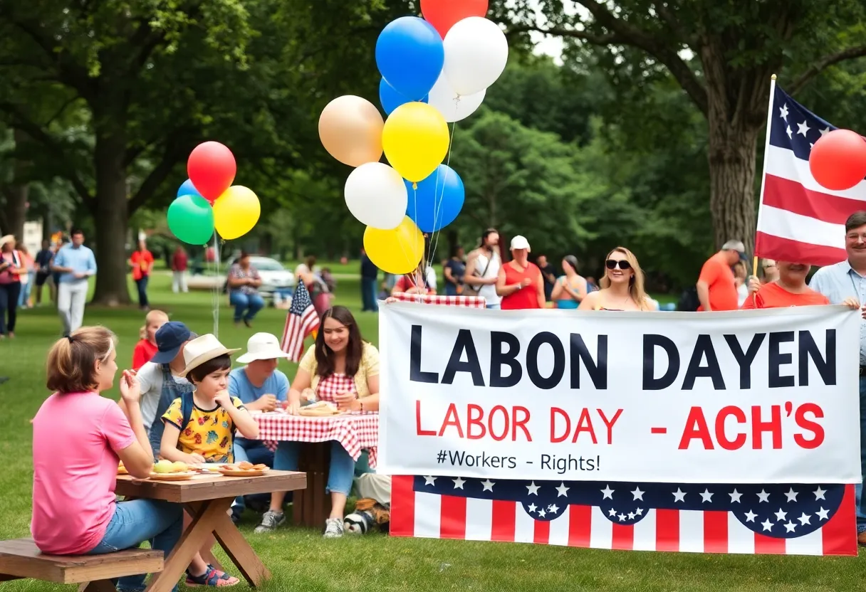 Families celebrating Labor Day in a park with banners and activities