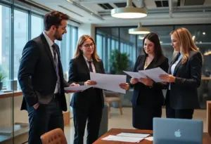 Legal team discussing employment law in an office