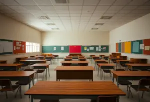 Meeting discussing LAUSD budget with empty classrooms in the background