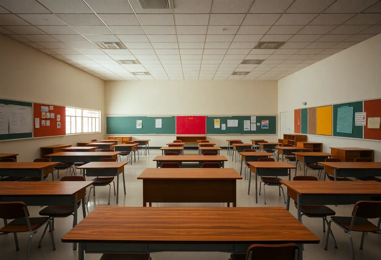 Meeting discussing LAUSD budget with empty classrooms in the background