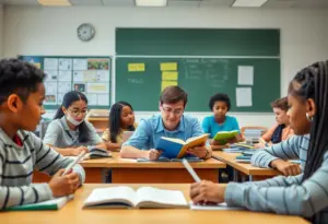 Students receiving tutoring support in a classroom for remedial education