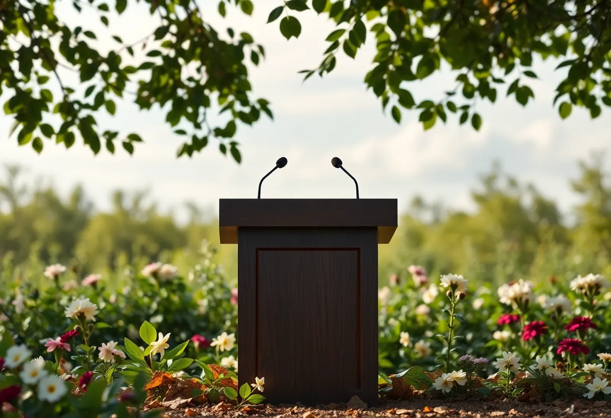 Symbolic representation of leadership transition with an empty podium.
