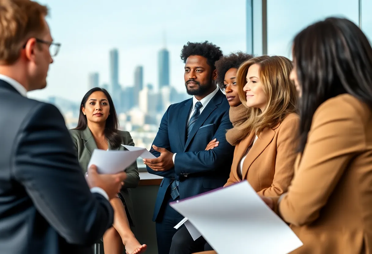 Professionals in Los Angeles government office discussing policies