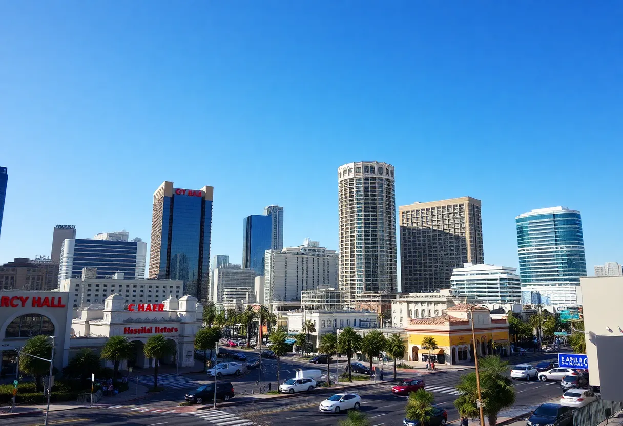 Los Angeles cityscape depicting hotels and tourism areas