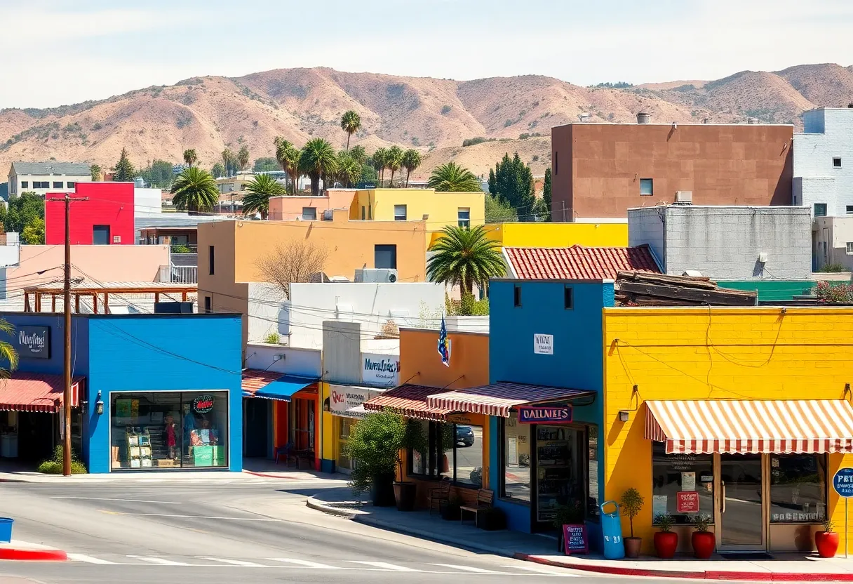 Vibrant Los Angeles neighborhood showcasing small businesses after wildfire recovery.
