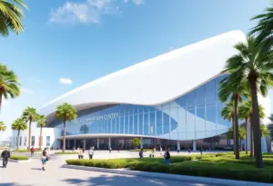 Rendering of the expanded Los Angeles Convention Center showcasing modern architecture.