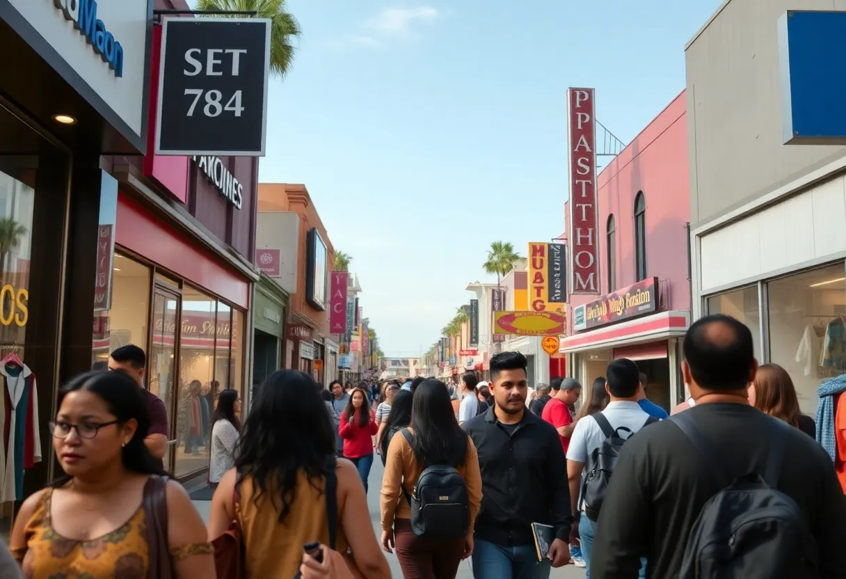 A view of the Fashion District in Los Angeles with shops and shoppers, displaying the current tense atmosphere.