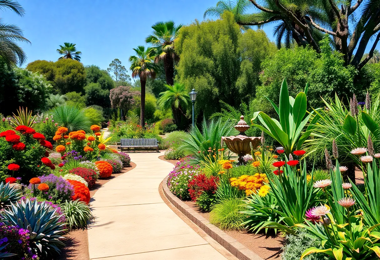 Vibrant garden scene in Los Angeles showcasing diverse plants and flowers.