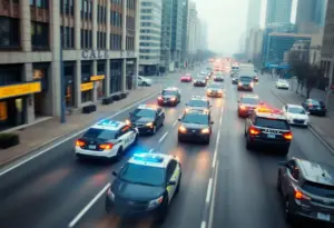 Police cars chasing a vehicle through Los Angeles streets