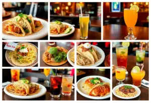 A variety of Mexican dishes served on a colorful table at a restaurant.