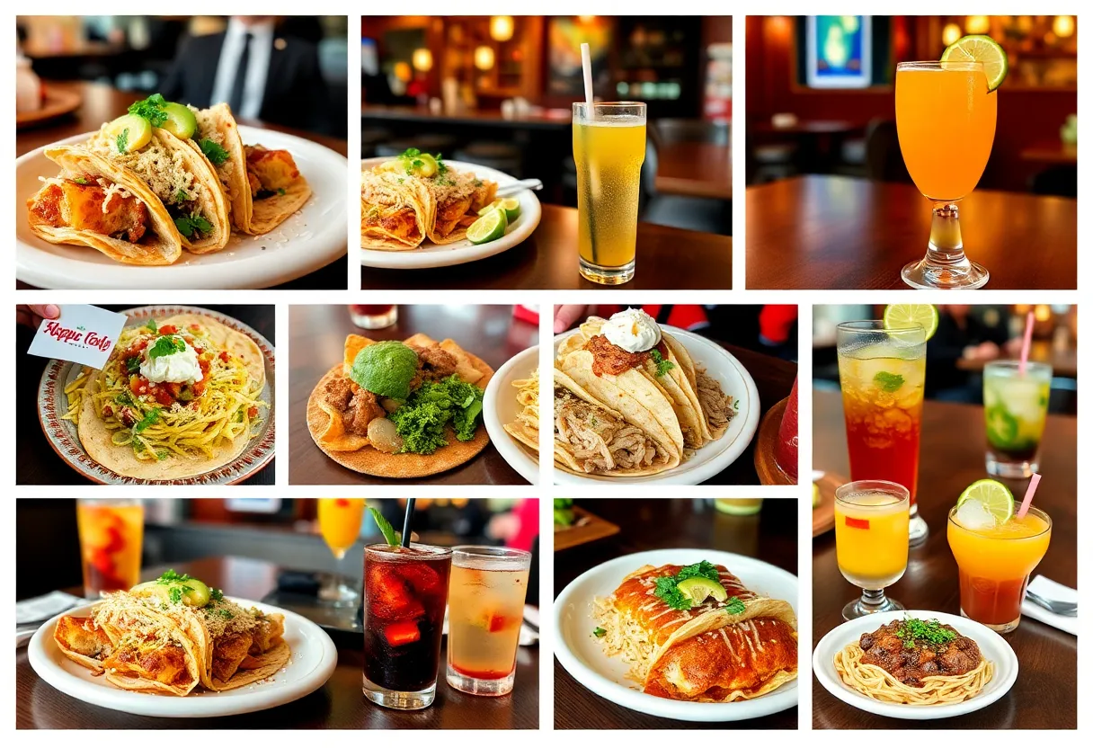 A variety of Mexican dishes served on a colorful table at a restaurant.