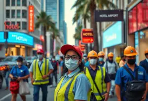 Crowded Los Angeles street with hotel and airport workers