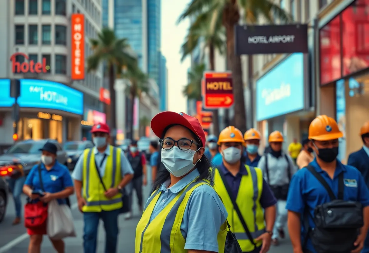 Crowded Los Angeles street with hotel and airport workers