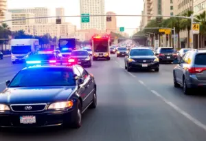 Police chase in Los Angeles with multiple squad cars and a speeding vehicle
