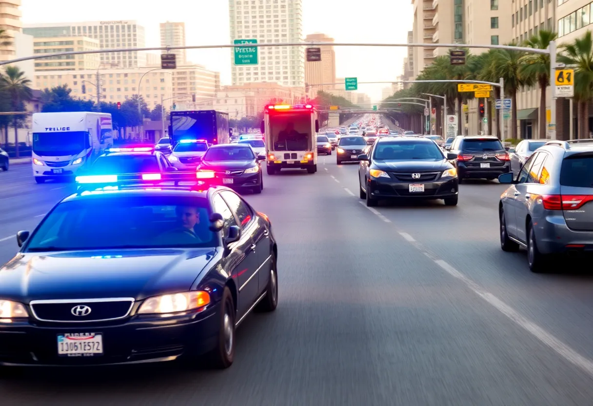 Police chase in Los Angeles with multiple squad cars and a speeding vehicle