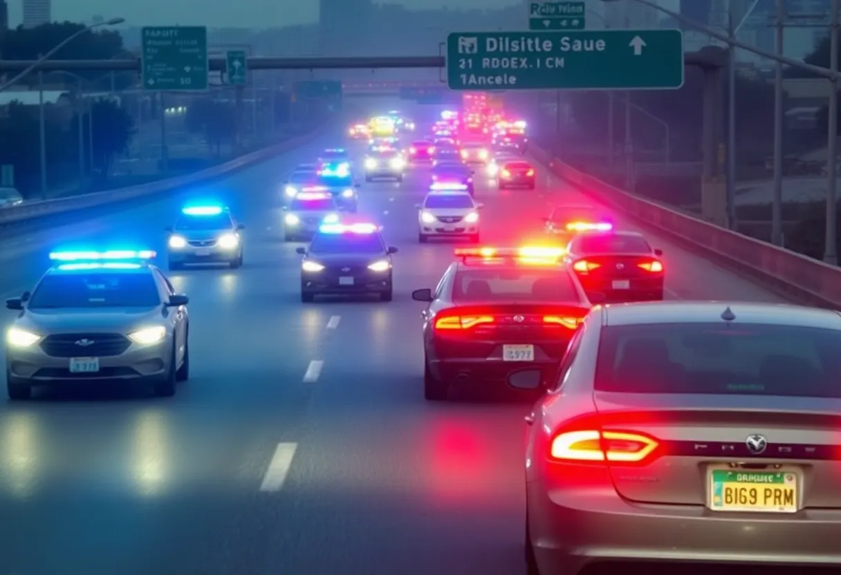 Police chase scene on Los Angeles freeways with emergency lights