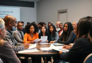 Residents discussing rent relief options in a community meeting