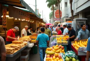 Street vendors in Los Angeles showcasing various food items