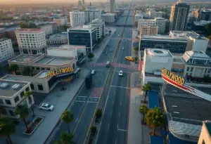 A quiet Hollywood Boulevard with fewer tourists, representing the decline in tourism in Los Angeles.