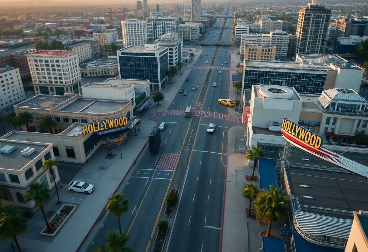 A quiet Hollywood Boulevard with fewer tourists, representing the decline in tourism in Los Angeles.