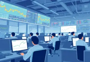 Traders working in an office in Los Angeles with stock market screens