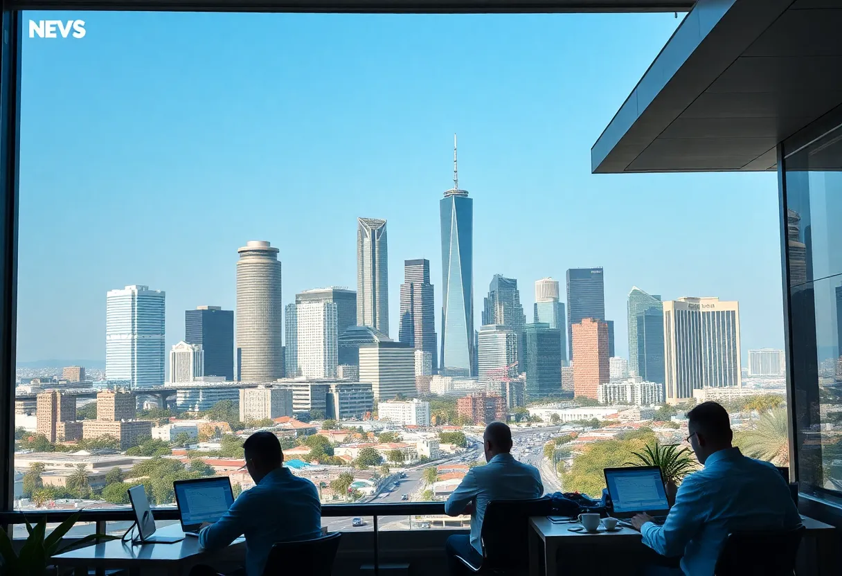 Business traders in Los Angeles skyline