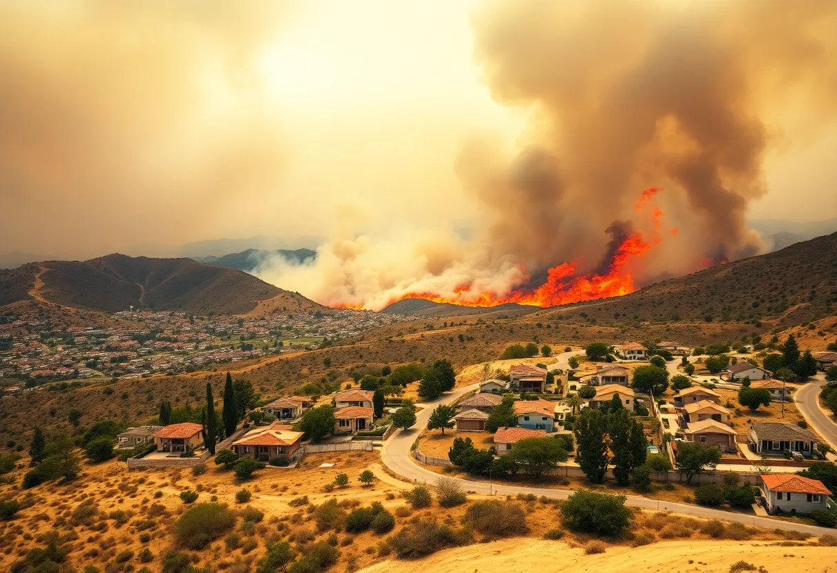 Wildfire burning in Los Angeles County, with flames and smoke