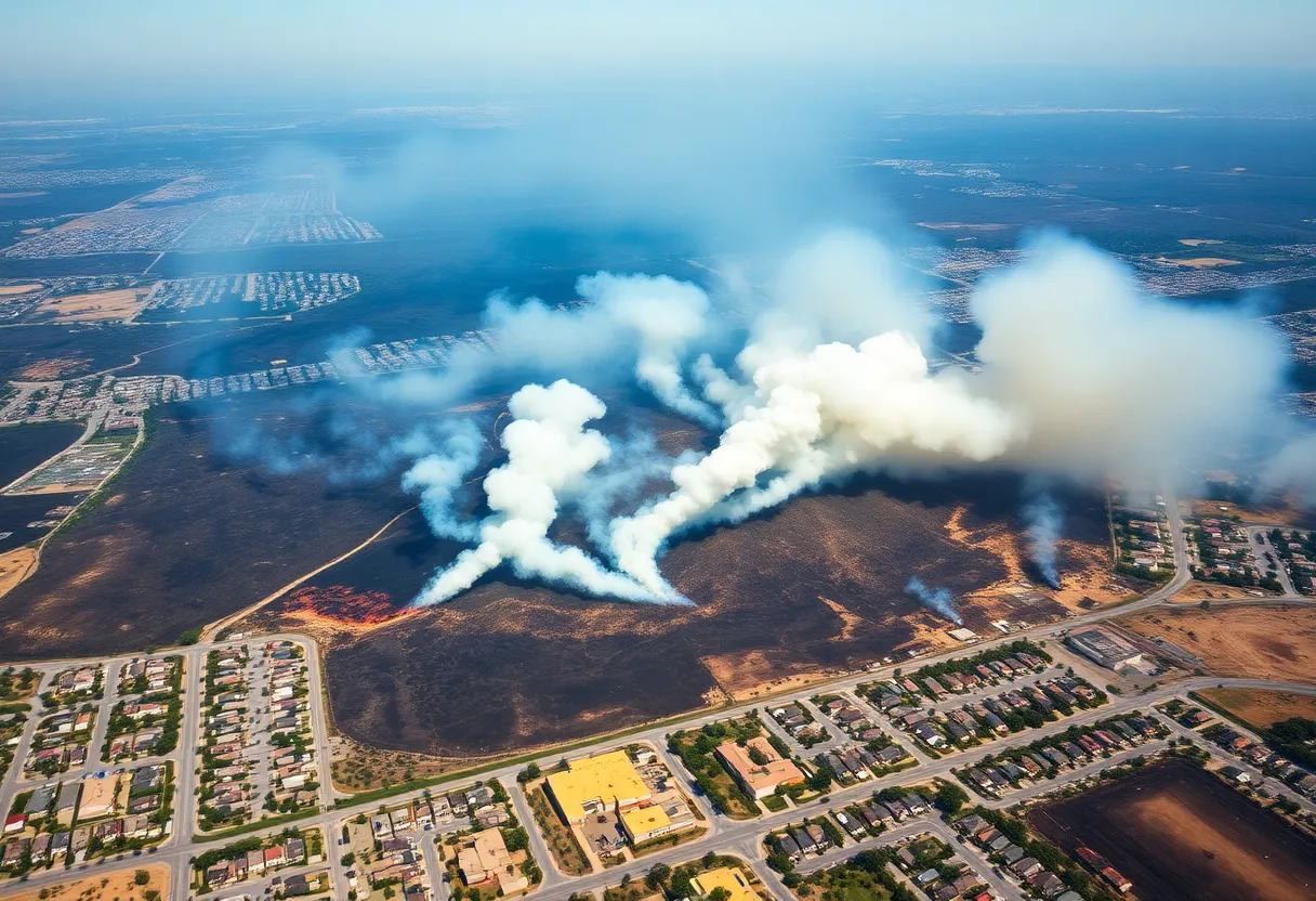 Aerial view of wildfires in Los Angeles County with smoke and burnt land.
