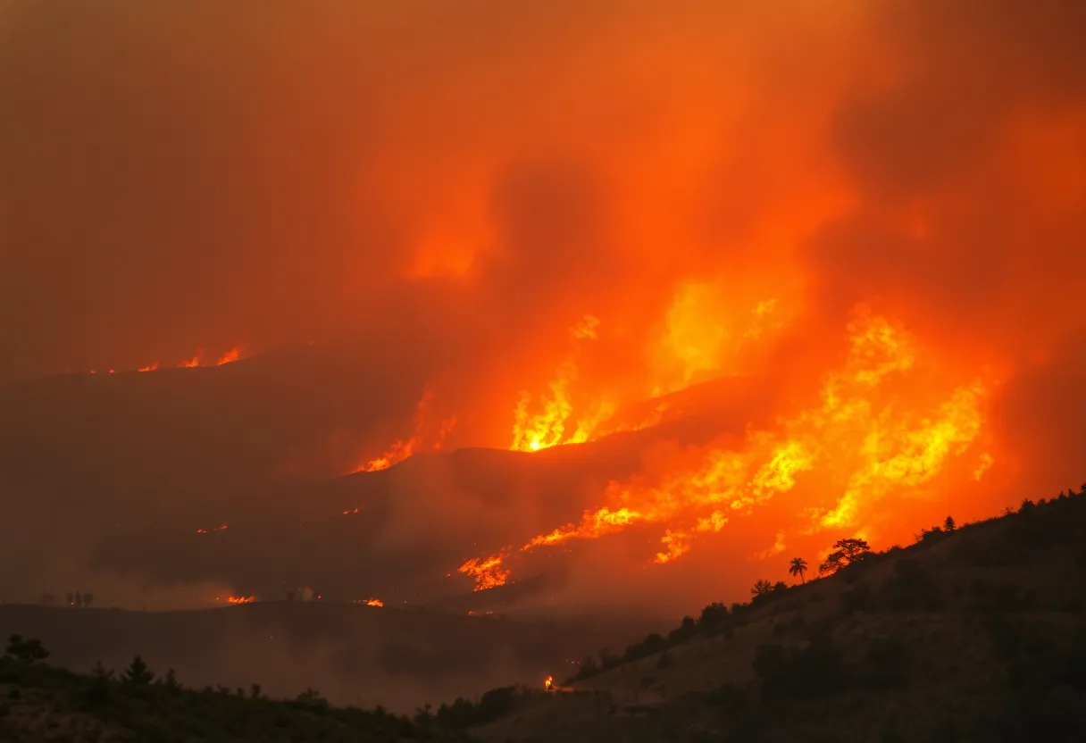 Wildfires burning in Los Angeles County with firefighters in action