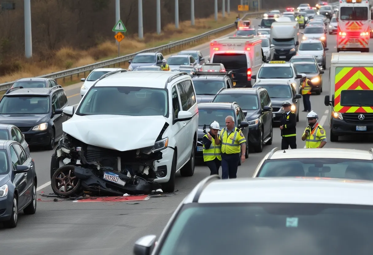 Scene of a multi-vehicle crash involving police and emergency services