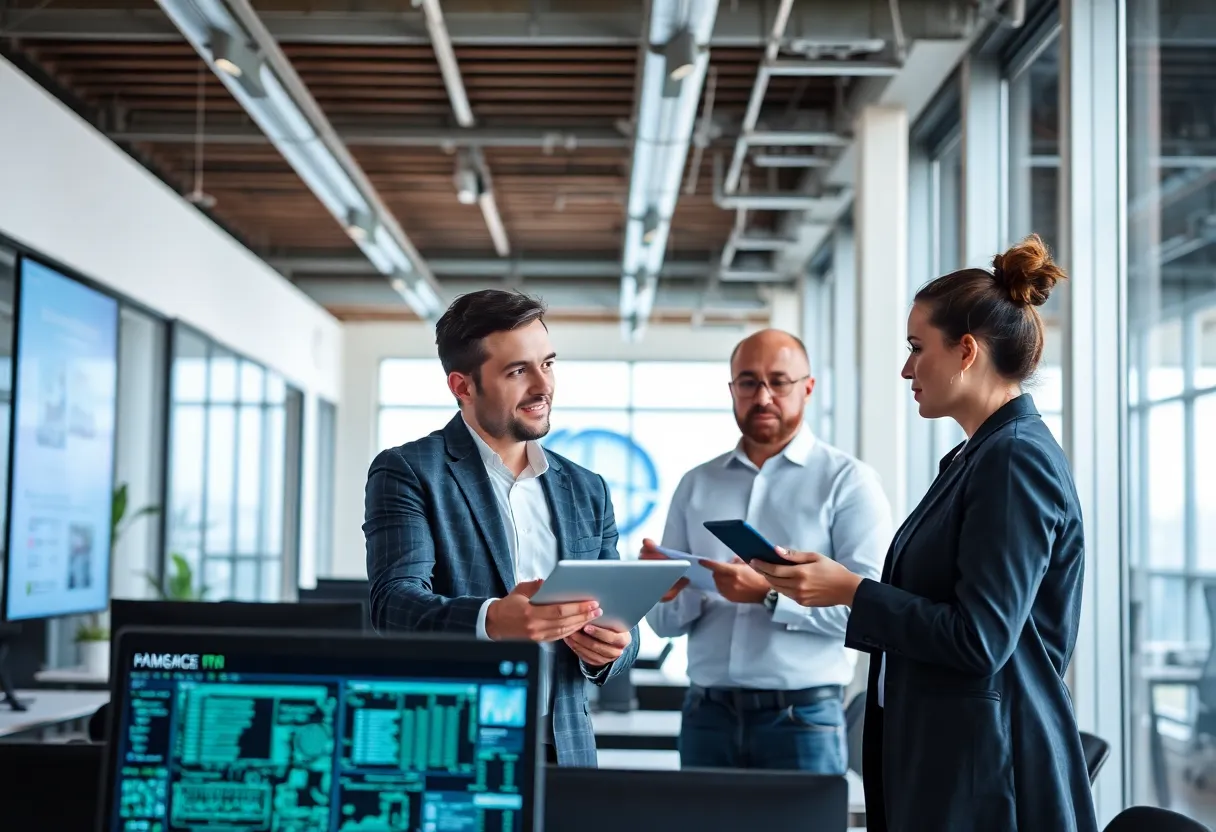 Office scene with professionals discussing managed IT services