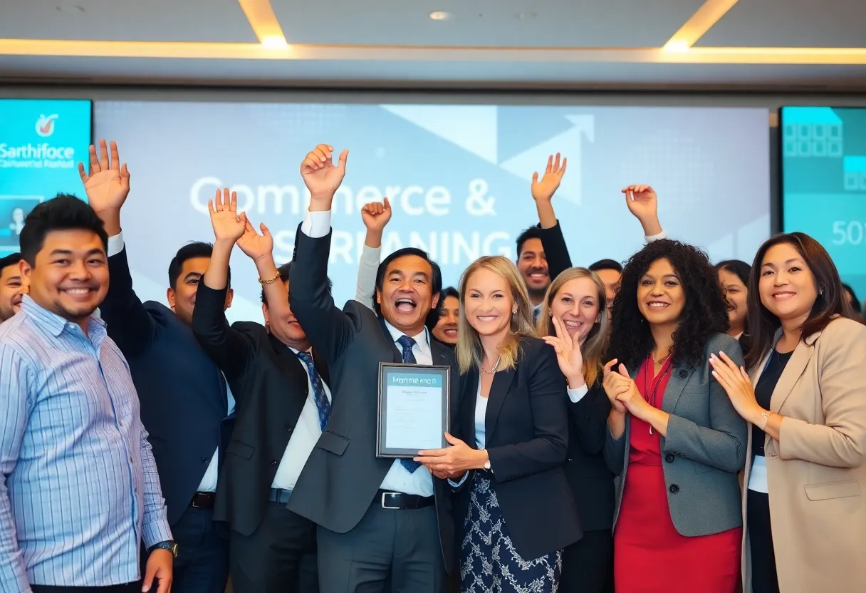 Celebration at an awards ceremony with professionals in the field of business and finance.