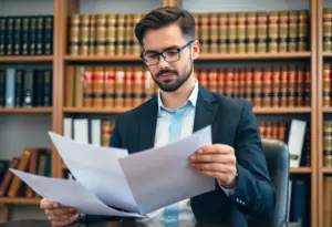 Attorney Max Fischer in his office reviewing labor law documents