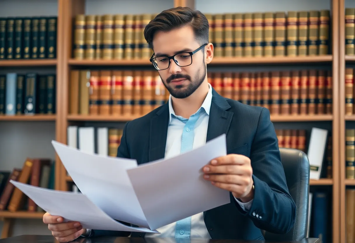 Attorney Max Fischer in his office reviewing labor law documents