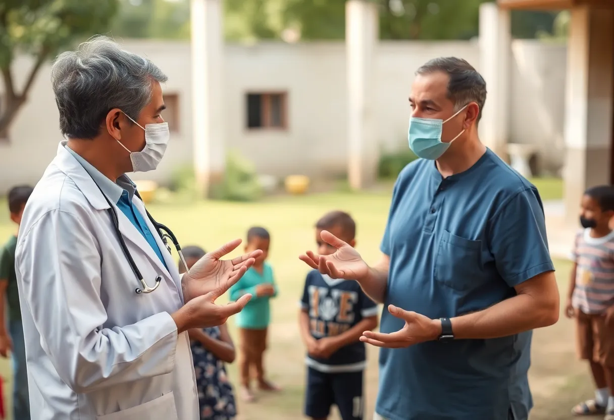 Health professional emphasizing vaccination in a community with children nearby.