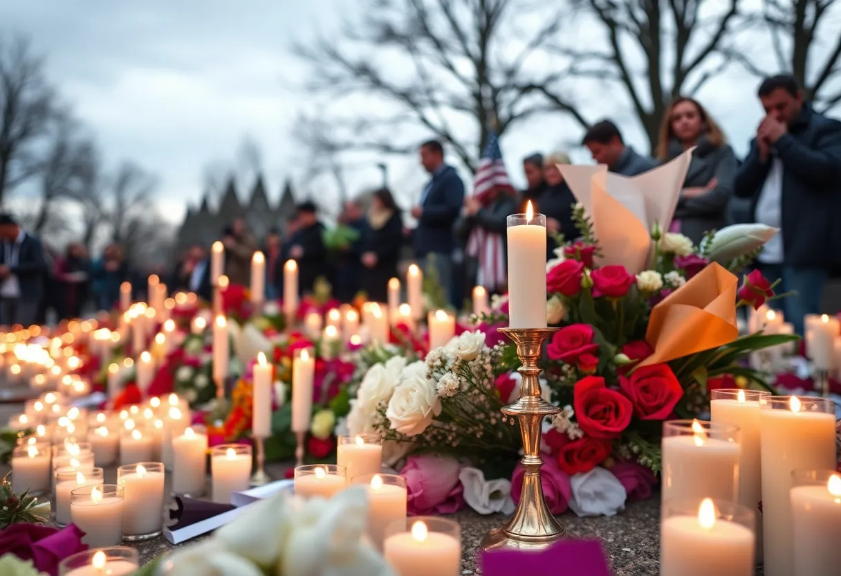 Memorial with candles and flowers for a political figure