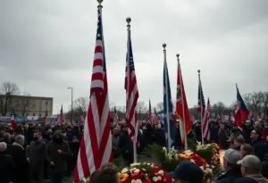 Flags at half-staff during a political memorial service