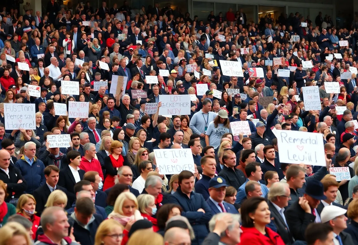 A large crowd gathered for a memorial service, showing signs of remembrance.