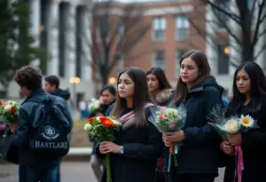 Memorial honoring a fallen leader at a university campus