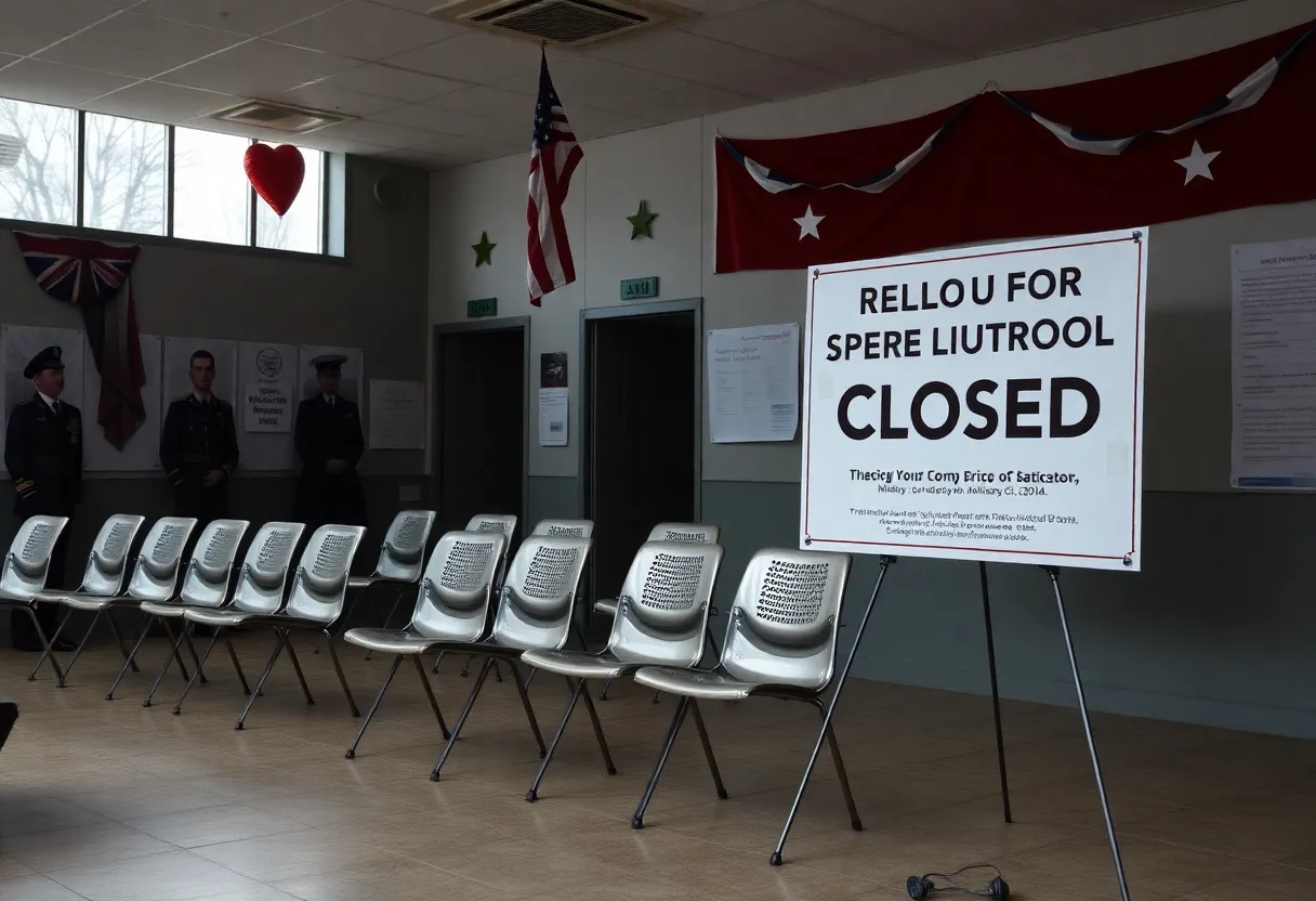 Empty military recruitment office with somber decorations