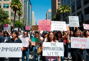 Protesters in Los Angeles advocating for immigration rights amid National Guard presence.