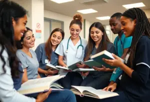 Diverse nursing students studying together in a community college.
